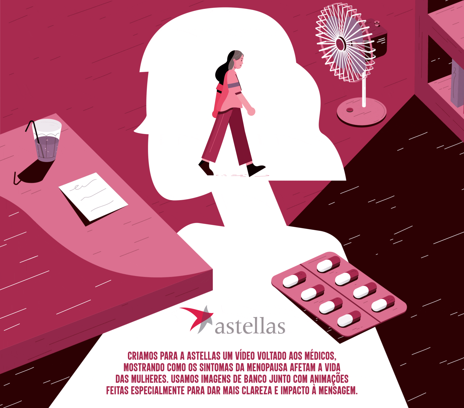 Astellas - Sintomas da Menopausa, abertura do vídeo: ilustração de uma mulher caminhando dentro da silhueta de uma cabeça, com uma cartela de comprimidos e o logo Astellas