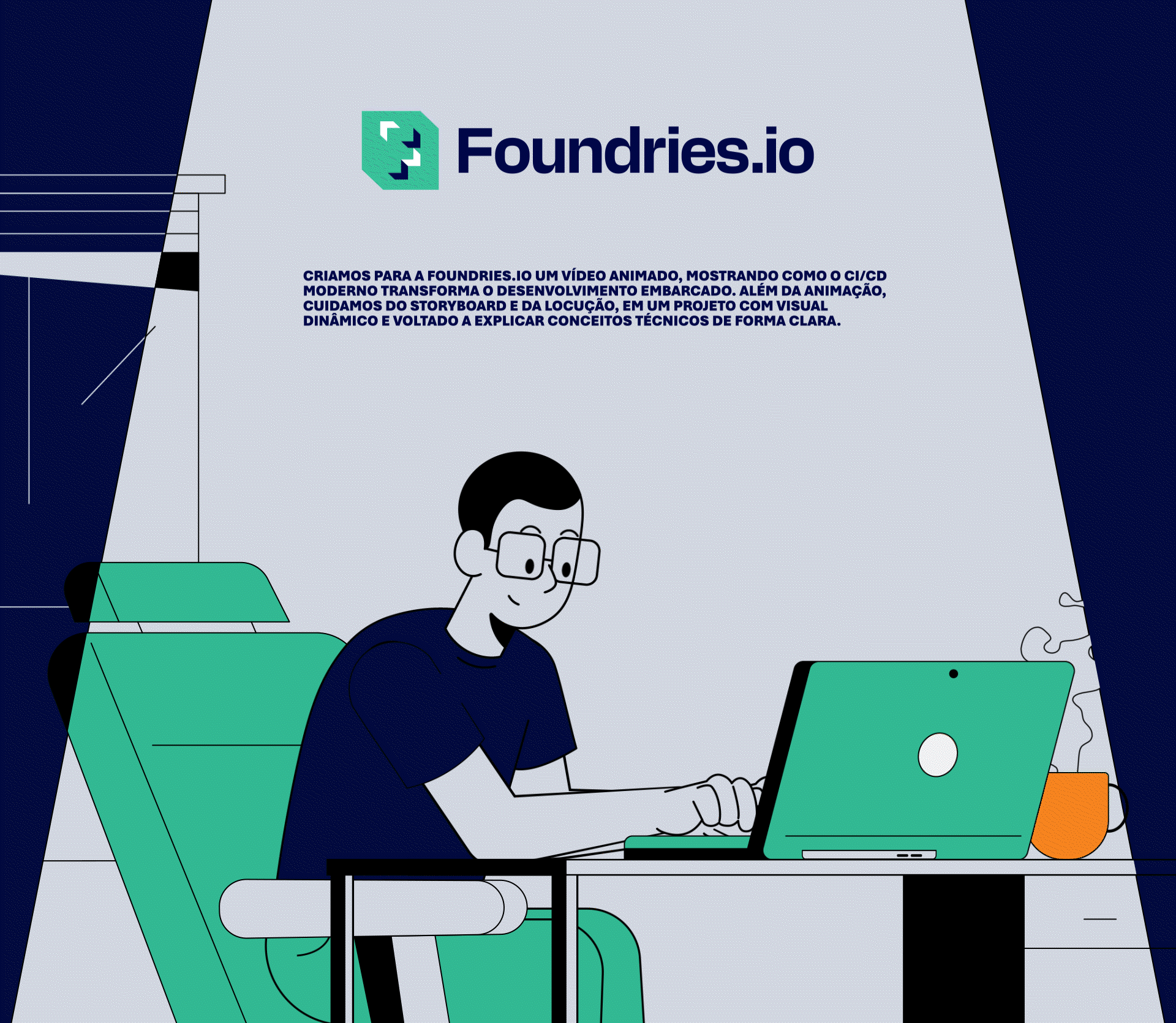 Foundries.io - FoundriesFactory, abertura do vídeo: ilustração de uma pessoa de óculos trabalhando em um notebook, com o logo Foundries.io